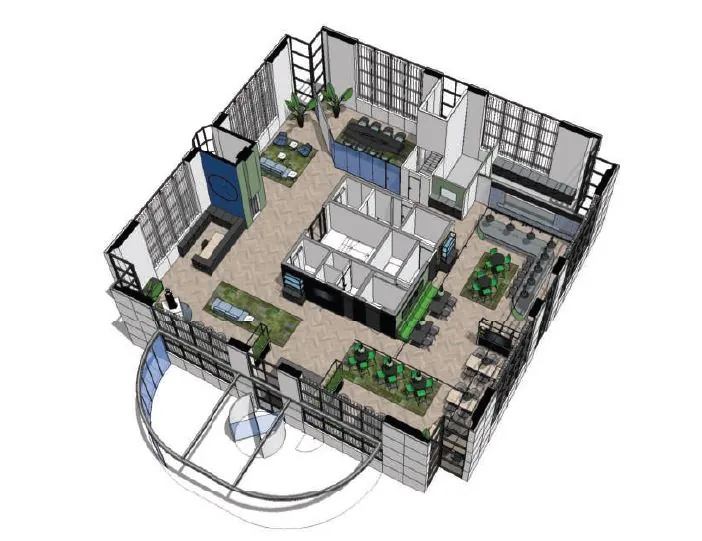 3D-ontwerp van een modern kantoorpand in het Rivium Quadrant met meerdere werkplekken, vergaderruimtes en loungegedeeltes.